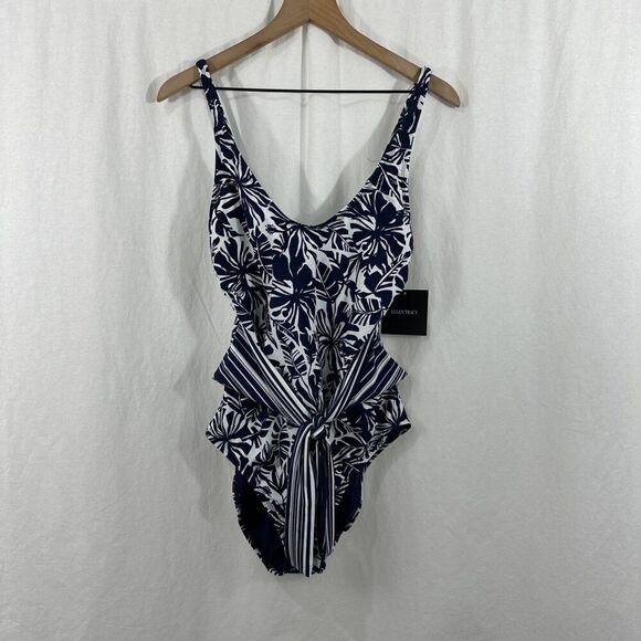 Ellen Tracy Womens Mio Scoop Neck Belted Navy White Leaf One Piece Swimsuit 12 - Picture 1 of 10